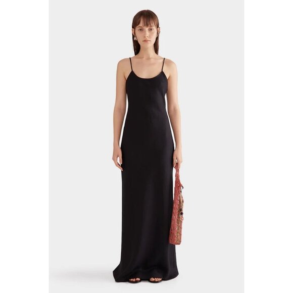 Venroy Linen Slip Dress in Black - Picture 2 of 5